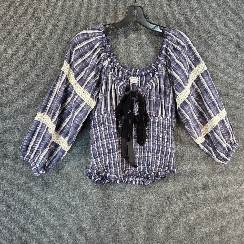 Kimchi Blue Blue Plaid Off-Shoulder Smocked Blouse with Velvet Bow - Picture 4 of 13